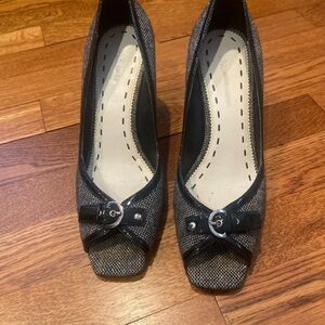 Anne Klein Black and Silver Peep-Toe Heels